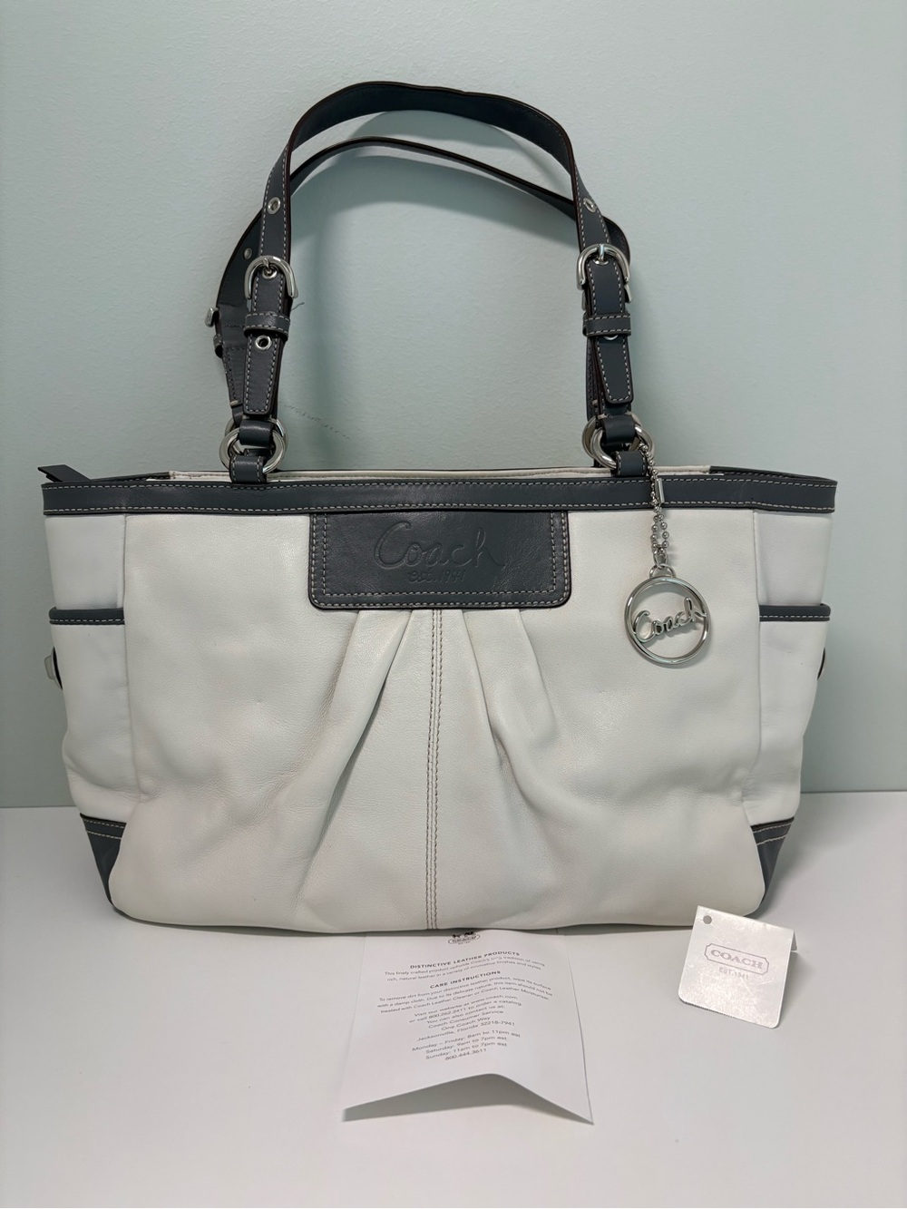 Coach F13759 Pleated White Leather East West Gallery Tote Shoulder Bag.